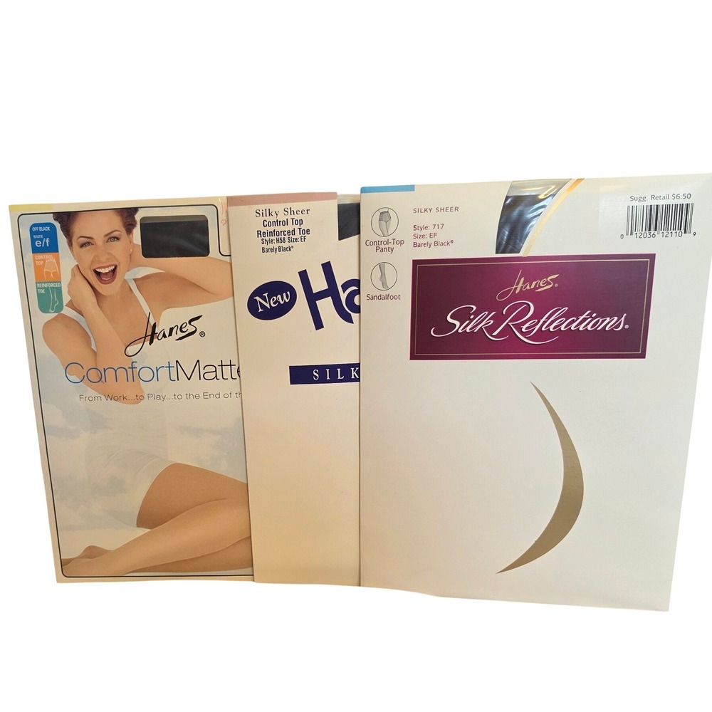 Vintage Hanes Pantyhose Bundle 3pk Silk Reflections ComfortMatters Size EF Black